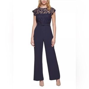 Eliza J Lace Overlay Navy Jumpsuit